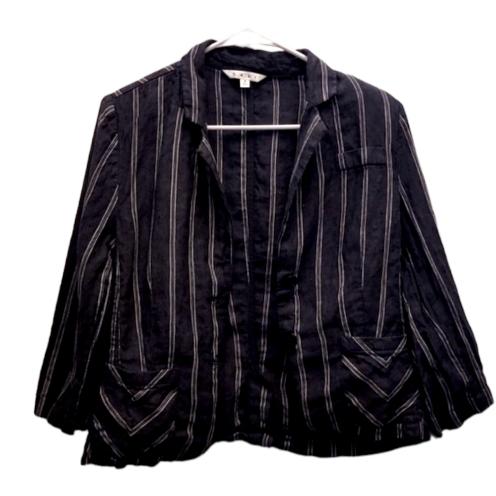 Cabi 100% Linen 3/4 length sleeve sholder padded blue/white pinstripe blazer 8